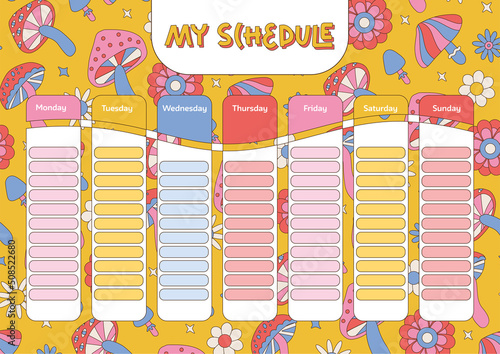 Education timetable schedule. Vintage 70s magic mushrooms in hippie style. Weekly school timetable, study plan or week planner of student classes with psychedelic mushrooms. A4 size printable template