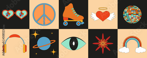 Set of vintage retro stickers with flower, heart, rainbow and planet. Groovy cards for peace and love. Rainbow with clouds element on beige background