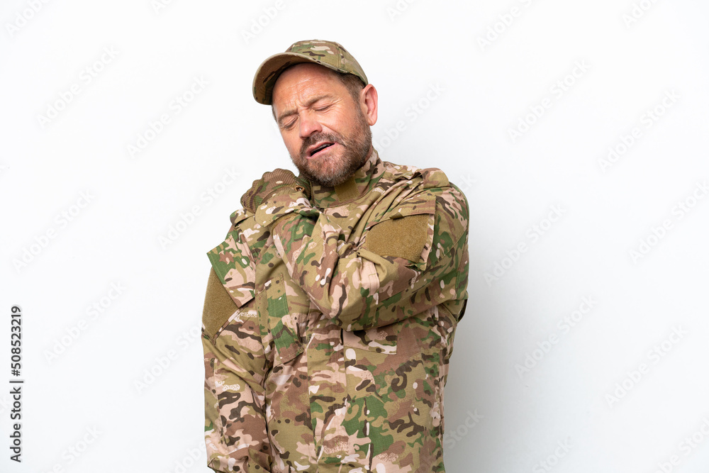 Military man isolated on white background suffering from pain in shoulder for having made an effort