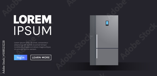 Fridge and home technologies with web homepage flat vector illustration.