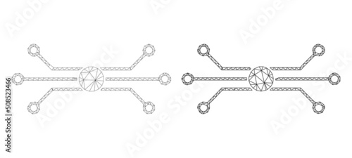 Polygonal mesh chip connections icons. Flat model variants created from chip connections icon and mesh lines. Abstract lines, triangles and points are organized into chip connections carcass.