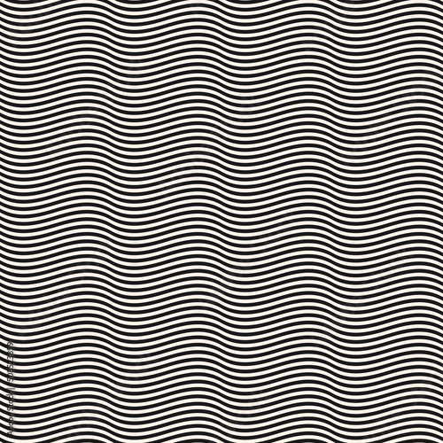 Simple minimal black and white curved wavy lines pattern. Vector seamless texture with waves, horizontal stripes. Modern abstract monochrome background with optical illusion effect. Endless design