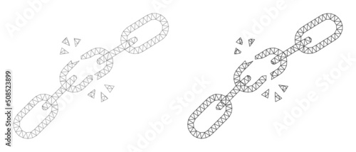 Polygonal mesh broken chain icons. Flat carcass versions are created from broken chain symbol and mesh lines. Abstract lines, triangles and points are combined into broken chain mesh.