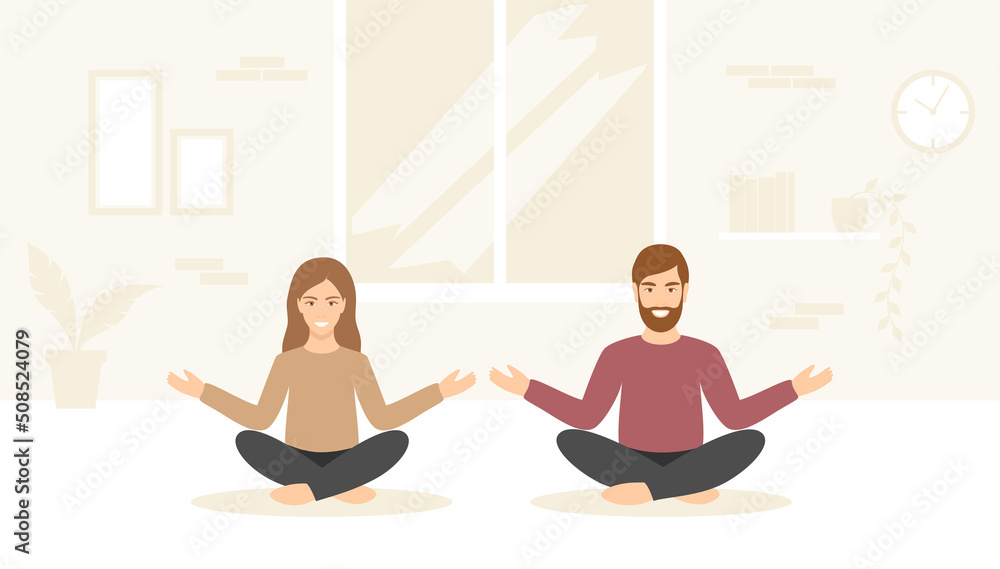 Couple in casual clothes meditating together at home. Vector illustration in flat style Couple in casual clothes meditating together at home. Vector illustration in flat style