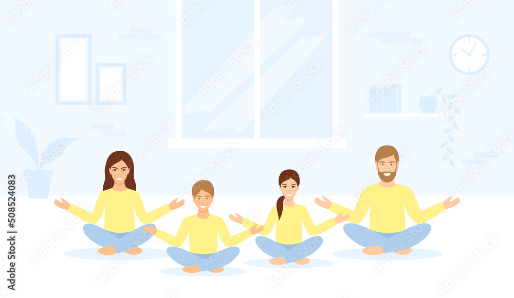 A family in casual clothes meditating together at home. Vector illustration in flat style A family in casual clothes meditating together at home. Vector illustration in flat style
