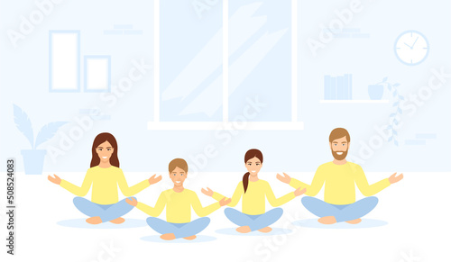 A family in casual clothes meditating together at home. Vector illustration in flat style