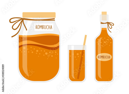 Jar, glass and bottle of homemade kombucha tea on a white background