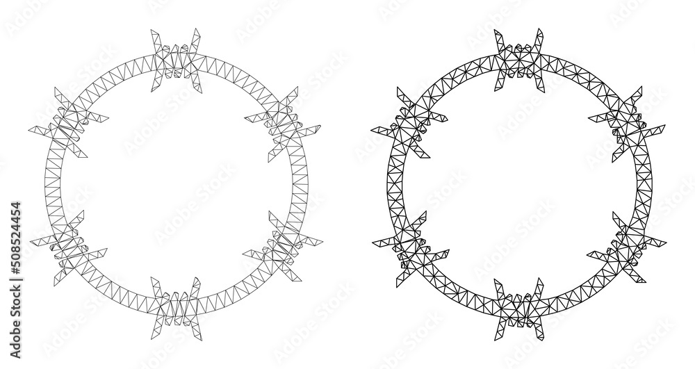 Polygonal mesh barbed wire circle icons. Flat mesh variants created from barbed wire circle symbol and mesh lines. Abstract lines, triangles and points combined into barbed wire circle mesh.