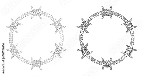 Polygonal mesh barbed wire circle icons. Flat mesh variants created from barbed wire circle symbol and mesh lines. Abstract lines, triangles and points combined into barbed wire circle mesh.
