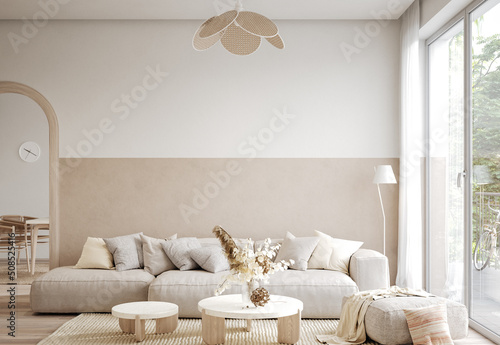 Home interior in boho style, living room in pastel beige colors, 3d render Fototapet