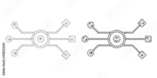 Polygonal mesh circuit network icons. Flat mesh variants are created from circuit network icon and mesh lines. Abstract lines, triangles and points are combined into circuit network carcass.