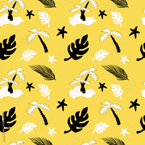 Summer seamless pattern with palm trees, tropical leaves in doodle style 