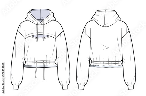 Oversize crop Hoodie sweat with long sleeves techical drawing template. Girl's cropped Sweatshirt fashion flat sketch template. Hoodie fashion cad.