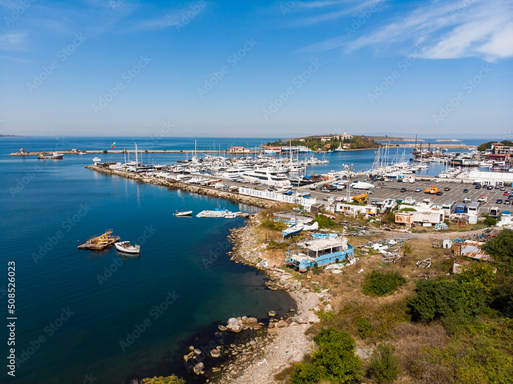 Sozopol, Bulgaria - Black Sea marina port aerial view. Drone view from above. Summer holidays destination
