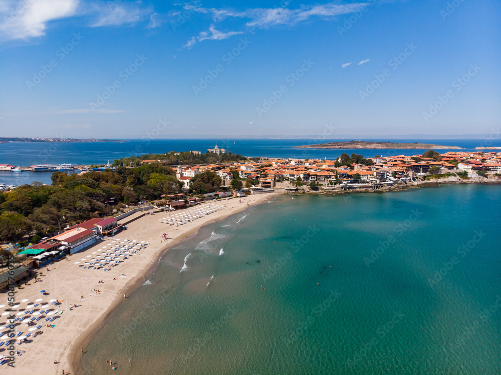 Aerial panoramic view of beach in Sozopol in Bulgaria. Drone view from above. Summer holidays destination