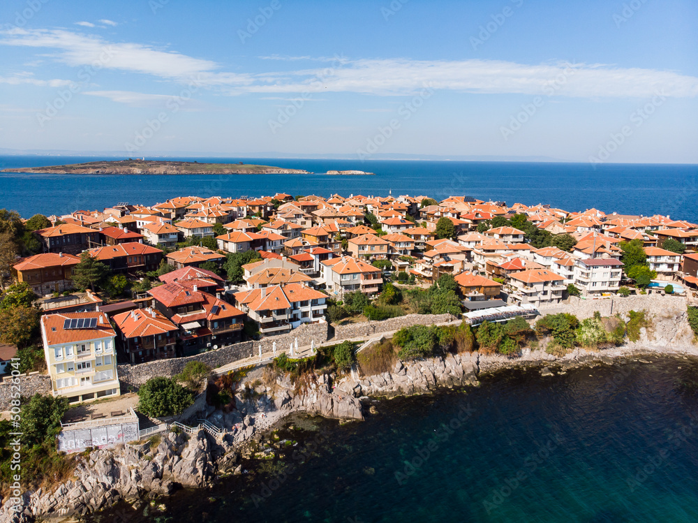 Sozopol, Bulgaria - Aerial view of old medieval city and Black Sea. Drone view from above. Summer holidays destination