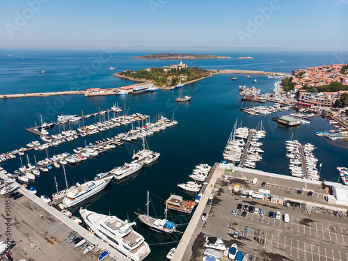Aerial view of Bulgarian town Sozopol and marina port. Drone view from above. Summer holidays destination © Marharyta