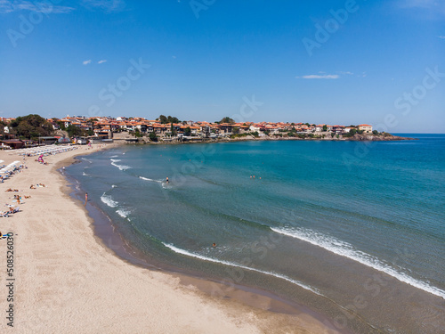 Drone view of beach and old town in Sozopol in Bulgaria. Aerial view from above. Summer holidays destination