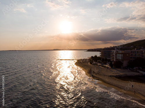 Drone sunset view of Elenite resort , Bulgaria. Modern hotels photo