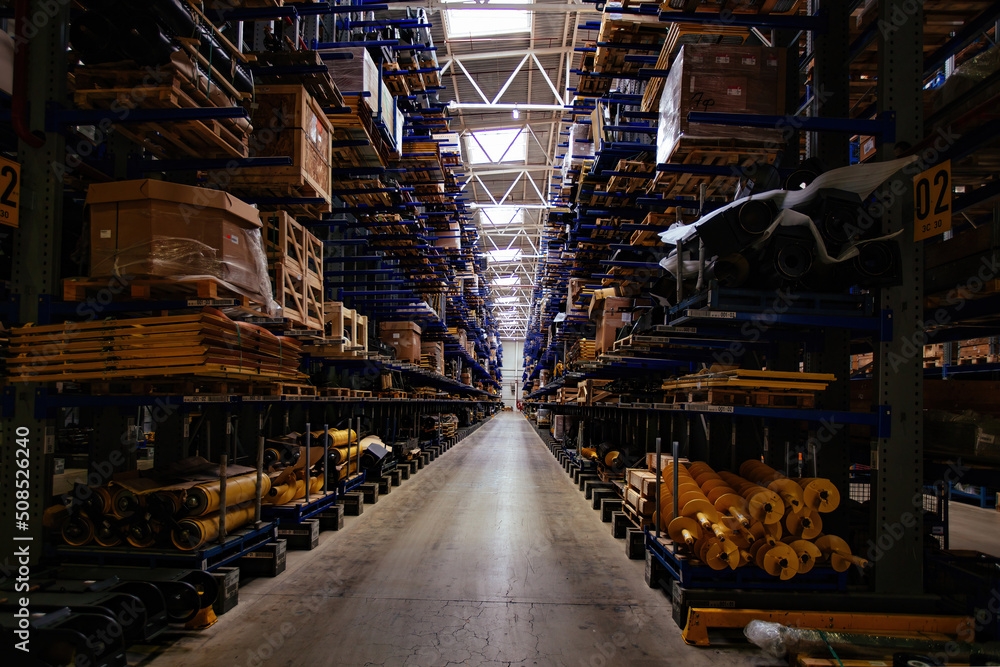 Modern warehouse interior with shelves and boxes Modern warehouse interior with shelves and boxes