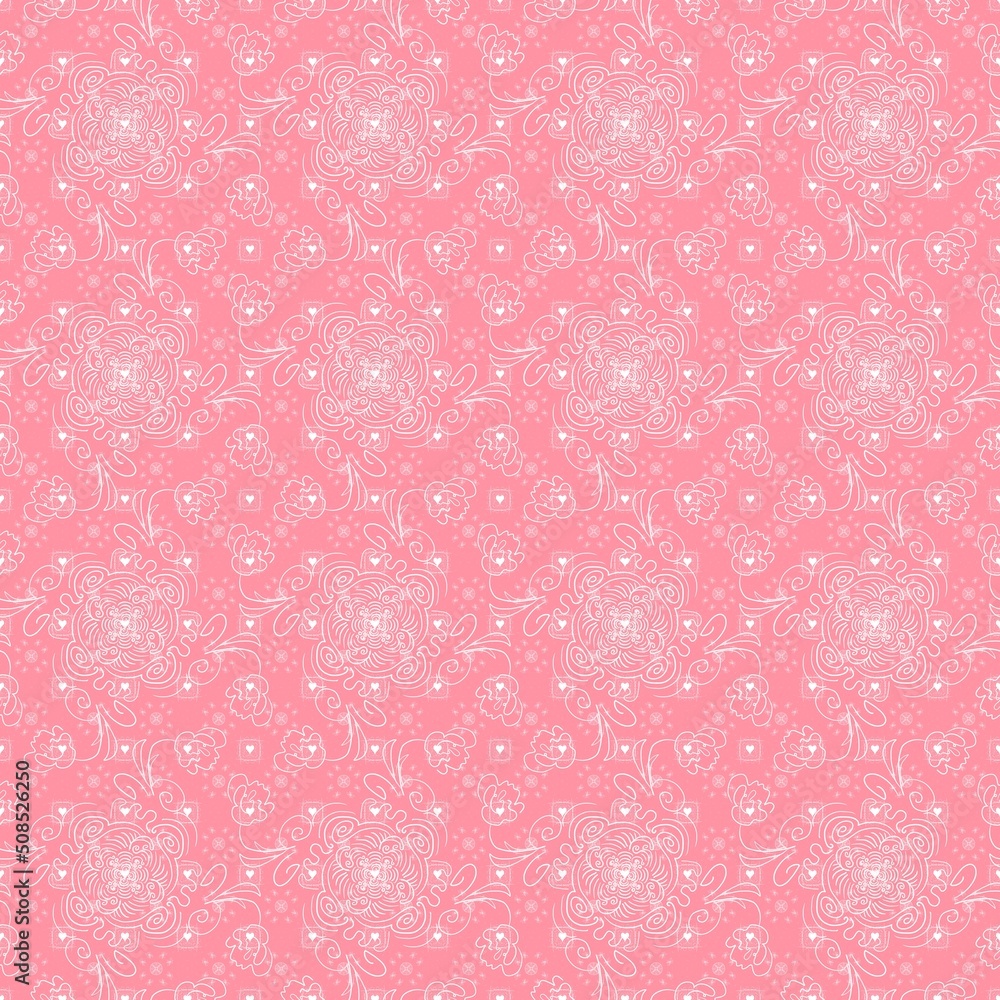 seamless white pattern on pink background. Seamless pattern with hearts and weaving. Lace, knitting,geometry, background, seamless white pattern on pink background. Seamless pattern with hearts and weaving. Lace, knitting,geometry, background,