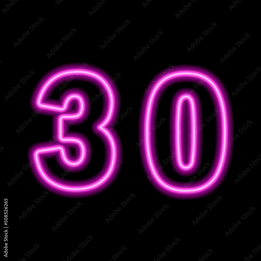 Neon pink number 30 on black background. Serial number, price, place Neon pink number 30 on black background. Serial number, price, place