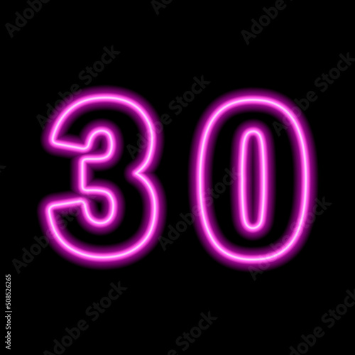 Neon pink number 30 on black background. Serial number, price, place