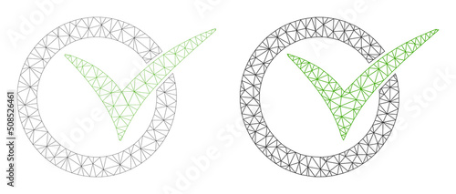Polygonal mesh approve icons. Flat carcass variants are created from approve pictogram and triangulated lines. Abstract lines, triangles and points are organized into approve carcass.