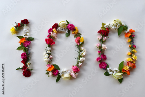 Number hundred made of natural flowers and leaves. Floral numerical concept. Creative idea for spring, summer, birthdays and anniversaries. photo