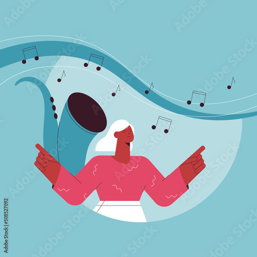 Woman enjoying music. Festive vector illustration of dancing girl in flat style. Music lover.
Banner for music festival, Jazz festival.