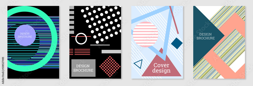 Set of cover design in Memphis style. Geometric design, abstract background. Fashionable bright cover, banner, poster, booklet. Creative colors. Set of cover design in Memphis style. Geometric design, abstract background. Fashionable bright cover, banner, poster, booklet. Creative colors.