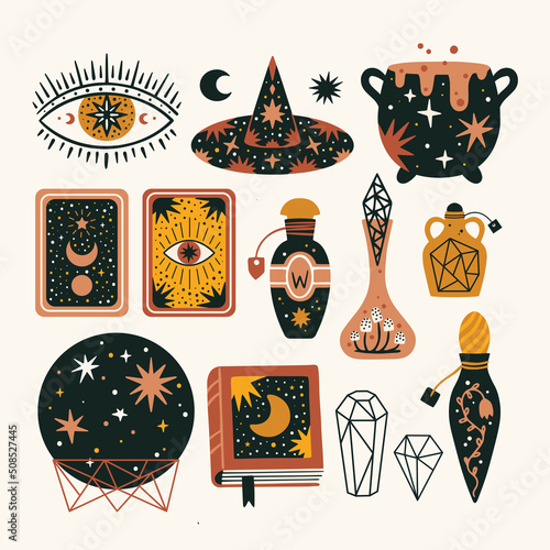 Set of magical items and witchcraft design elements. Mystical hand drawn vector illustrations.
