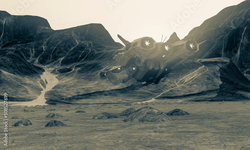 Fototapeta Naklejka Na Ścianę i Meble -  super alien spaceship is landing by on the desert of rocks in mars