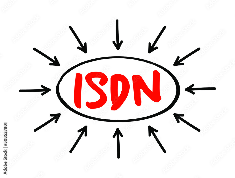 ISDN Integrated Services Digital Network - set of communication standards for simultaneous digital transmission of data over the digitalised circuits of telephone network, acronym text with arrows ISDN Integrated Services Digital Network - set of communication standards for simultaneous digital transmission of data over the digitalised circuits of telephone network, acronym text with arrows