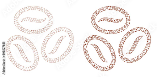 Polygonal mesh coffee beans icons. Flat mesh variants created from coffee beans symbol and mesh lines. Abstract lines, triangles and points are organized into coffee beans carcass.