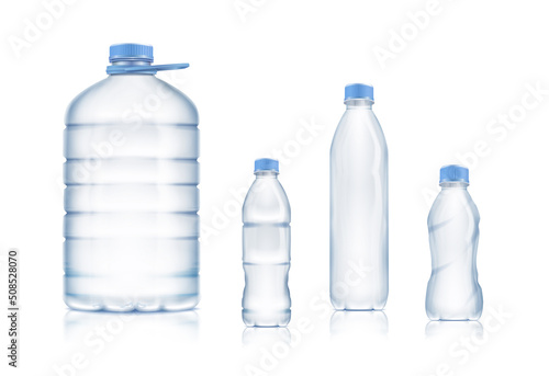 3d realistic vector icon set. Plastic bottles collection. Big, small and different shapes.