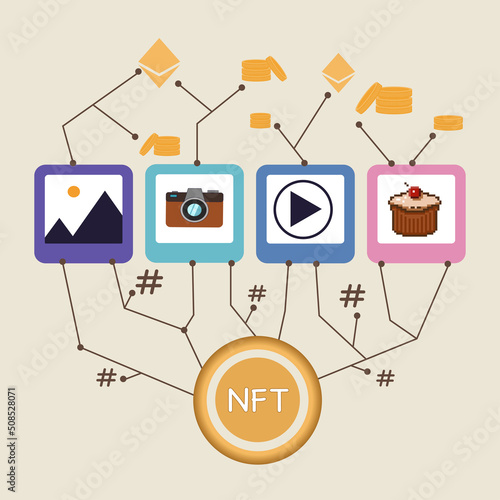 Online nft collectibles market. Bitcoin currency. Creative concep