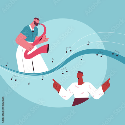 Vector flat illustration with jazz performer and music lover. Jazz man with saxophone. Man enjoying music.  Music addicted. Music festival. Jazz festival.