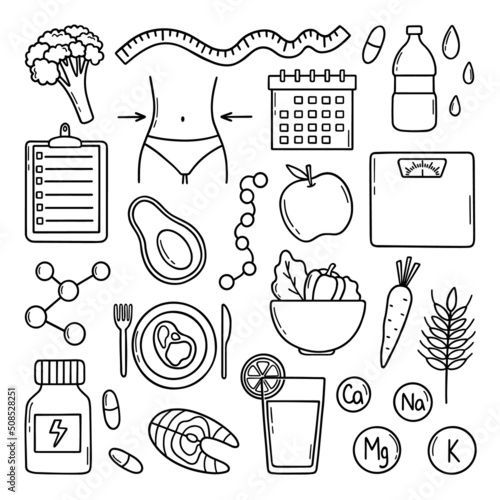 Hand drawn Nutrition and Detox Diet food doodle. Weight loss. Healthy food and nutrients in sketch style. Vector illustration isolated on white background.