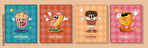 Drawn comics characters fast food. Posters with bright colors and text blocks. suitable for decorating a cafe or menu. In vintage style. Sketch.