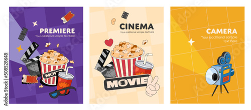 A collection of posters on the theme of cinema . Painted objects film camera, 3d glasses, tickets, сlapper board. Popcorn and cola in a trendy style on bright background.
