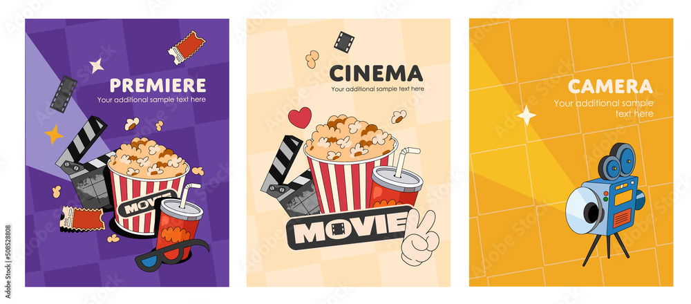 A collection of posters on the theme of cinema . Painted objects film camera, 3d glasses, tickets, сlapper board. Popcorn and cola in a trendy style on bright background.