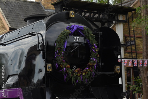 the taw valley re painted purple to celebrate the queens platinum jubilee traveling through Hampton Loade on its first trip since being re-named photo