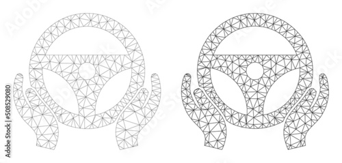 Polygonal mesh car drive icons. Flat carcass variants are created from car drive pictogram and mesh lines. Abstract lines, triangles and points are combined into car drive frame.