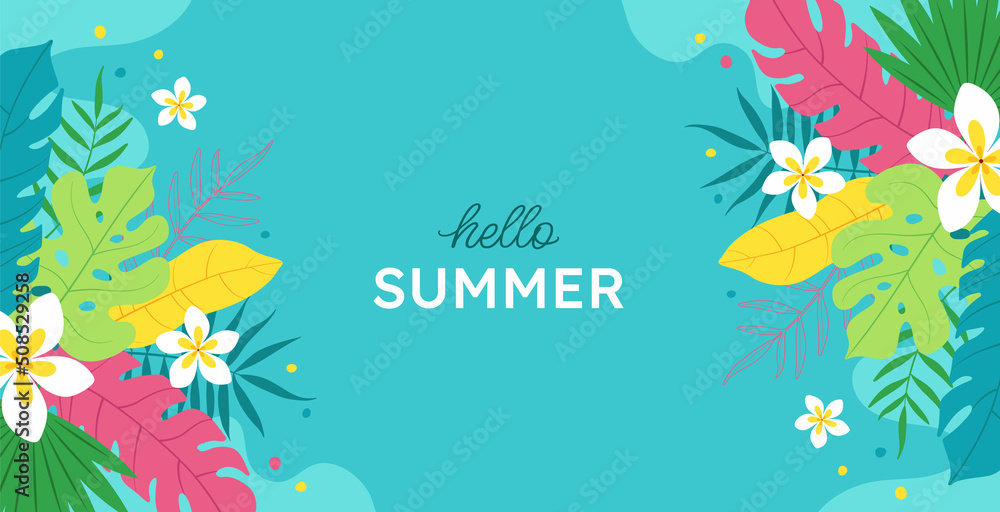 Banner hello Summer. Creative bright, colorful, blue background with tropical leaves and plumeria flowers. Summer sale, poster template, greeting card.