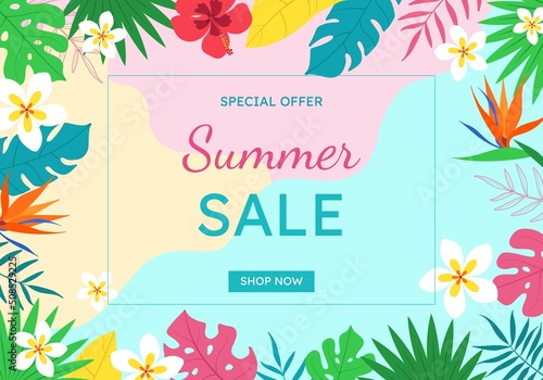Banner of the summer sale. Creative bright, blue, pink background with tropical leaves, plumeria and hibiscus flowers. Summer sale, poster template, banner on the Internet.
