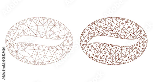Polygonal mesh coffee grain icons. Flat framework variants created from coffee grain symbol and mesh lines. Abstract lines, triangles and points combined into coffee grain carcass.