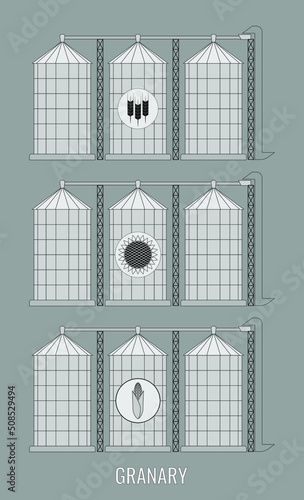 Creative vector illustration of an agricultural warehouse for a grain elevator isolated on a transparent background. Abstract concept of wheat, corn and sunflower graphic icon.
