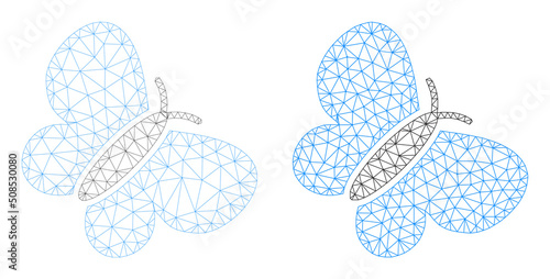 Polygonal mesh butterfly icons. Flat frame variants are created from butterfly symbol and triangulated lines. Abstract lines, triangles and points are organized into butterfly mesh.