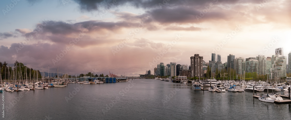 Panoramic View of Coal Harbour, Marina and Stanley Park. Sunset Sky Art Render. Downtown Vancouver, British Columbia, Canada.